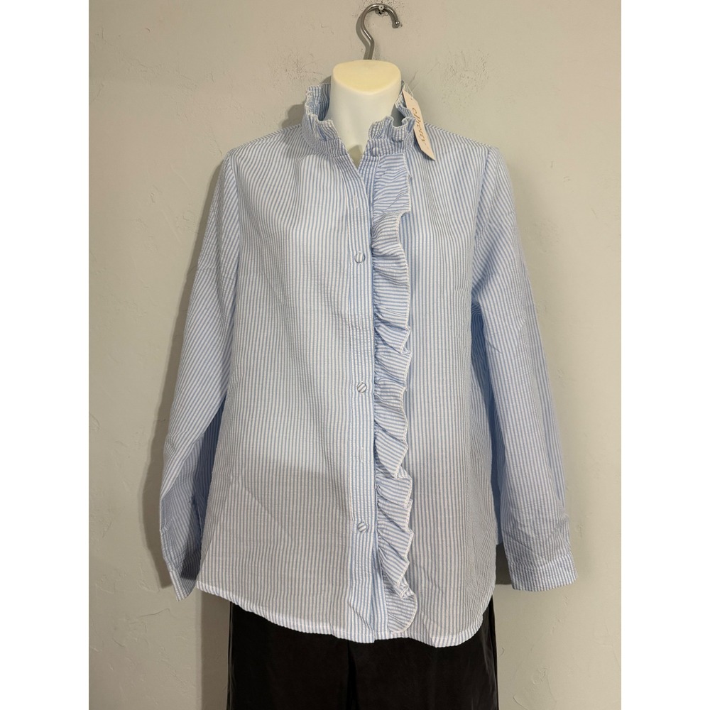 ePretty Blue White Stripe Ruffle Neck Button Up Shirt Women's Size Medium NWT